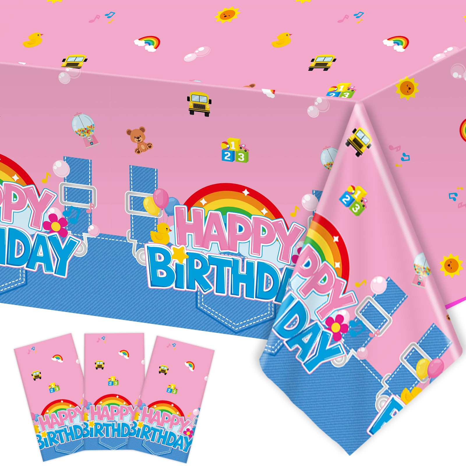 3Pcs Girls Birthday Party Tablecloth Cartoon Teacher Party Decorations Happy Birthday Rainbow Plastic Table Cover English Teacher Disposable Table Cloth for Girls Baby Shower Supplies 108x54 Inch