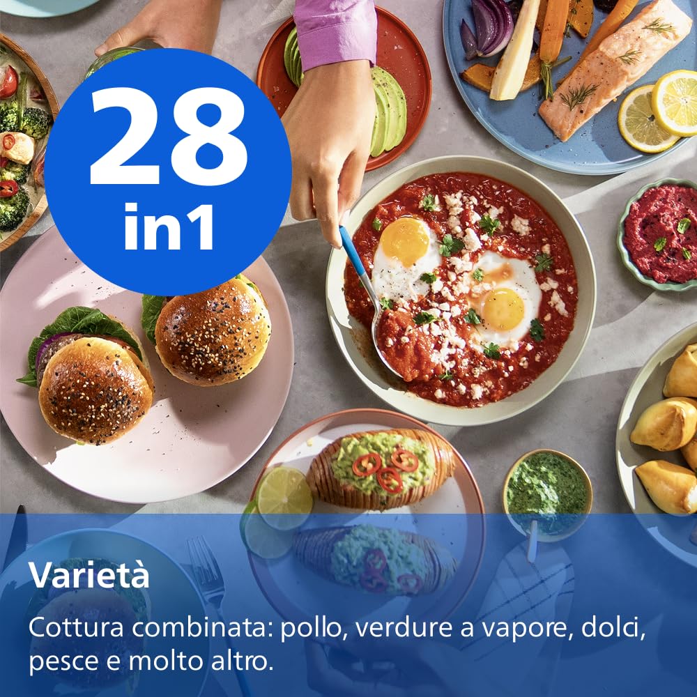 Philips Airfryer Serie 5000 con Maxi Capacità e Funzione Vapore – SteamFry, Vapore e Frittura ad Aria – 28 Programmi di Cottura, Doppio Scomparto 3L+6L, RapidAir Plus, SteamClean (NA565/00)