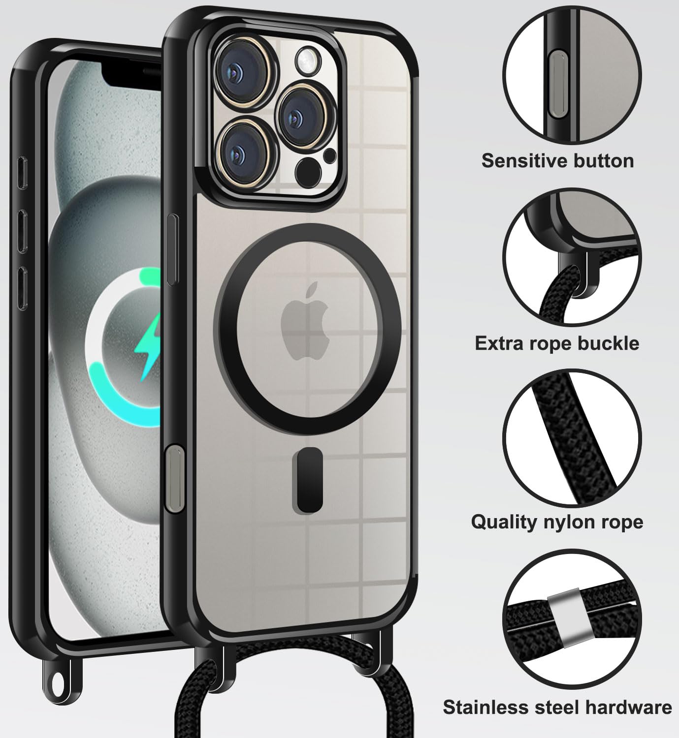 Coque IPhone 16 Pro Max Transparente Magnétique Avec Cordon - Compatible MagSafe, Bordures Pailletées - TPU Souple