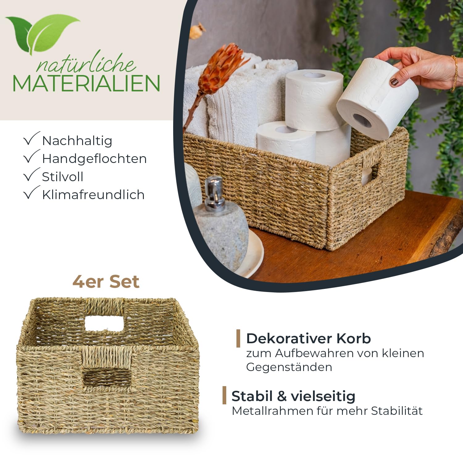 HMF Aufbewahrungskorb passend für KALLAX halbes Fach, Korb geflochten aus Seegras mit Griffen | 4er Set | 30 x 34 x 15 cm | Natur