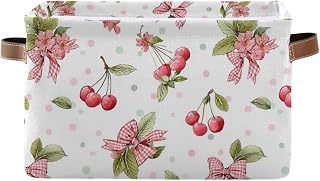 susiyo Pink Sweetheart Cherry Print Rectangular Storage-2PCS Basket Organizer Bin Shelf Baskets Foldable Canvas Box with Handles for Clothes Gifts for Home Office Dorm