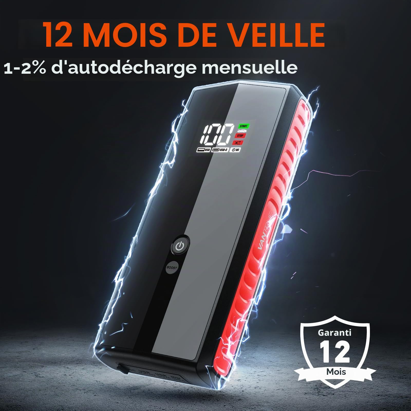 VANTRUE Bloc d'alimentation JS1, courant de crête 3000 A, 20 000 mAh, démarreur de voiture 12 V, écran LED et éclairage d'urgence, câble de batterie, gaz 7,5 l/diesel 6 L, charge rapide PD 65 W