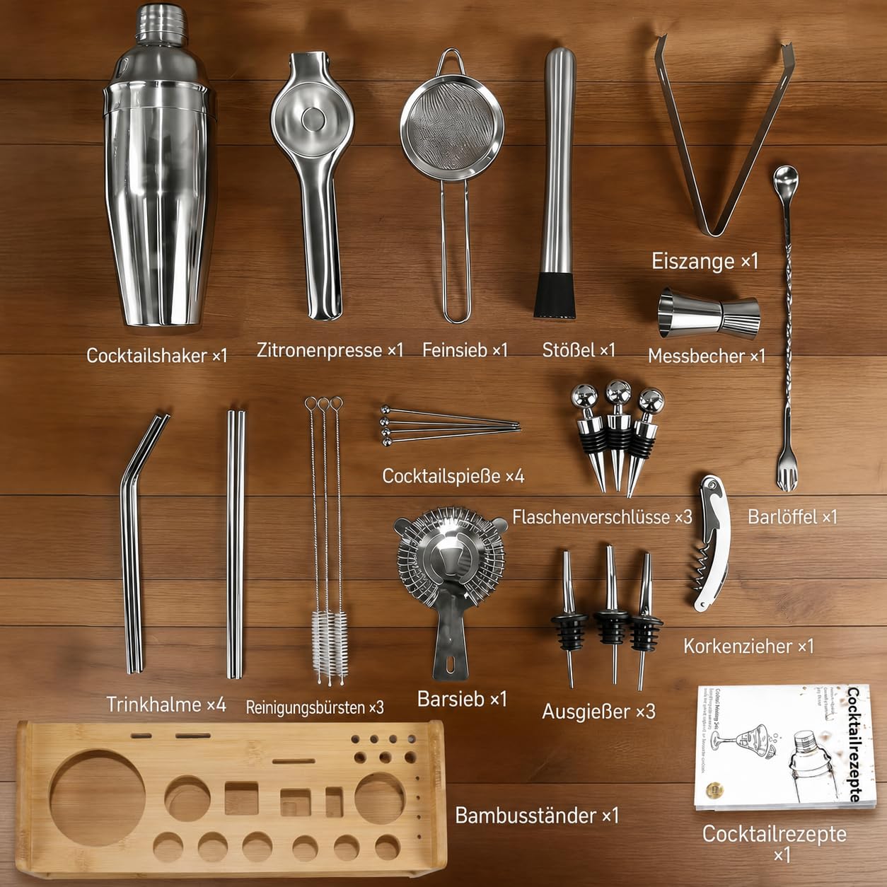 Set da 26 shaker per cocktail, 700 ml, shaker Boston in acciaio inox, kit professionale per barman che non si inceppa, con supporto in bambù e ricettario per feste, bar di casa e compleanni (argento)