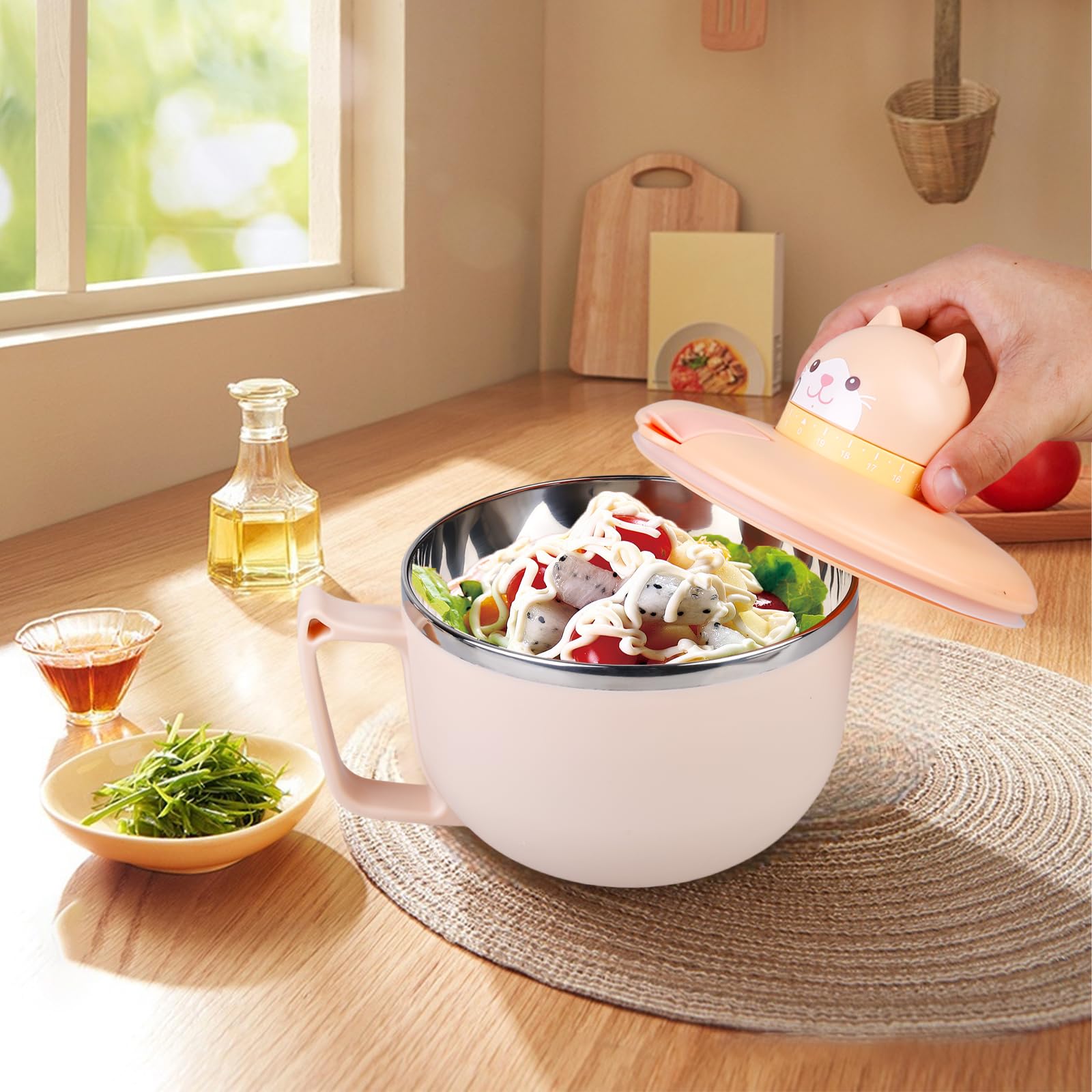 GOMETY Ramen - Cuenco con tapa, 1200 ml, grande, con temporizador, de acero inoxidable 304, para pasta, fideos, sopa y almuerzo (gato)