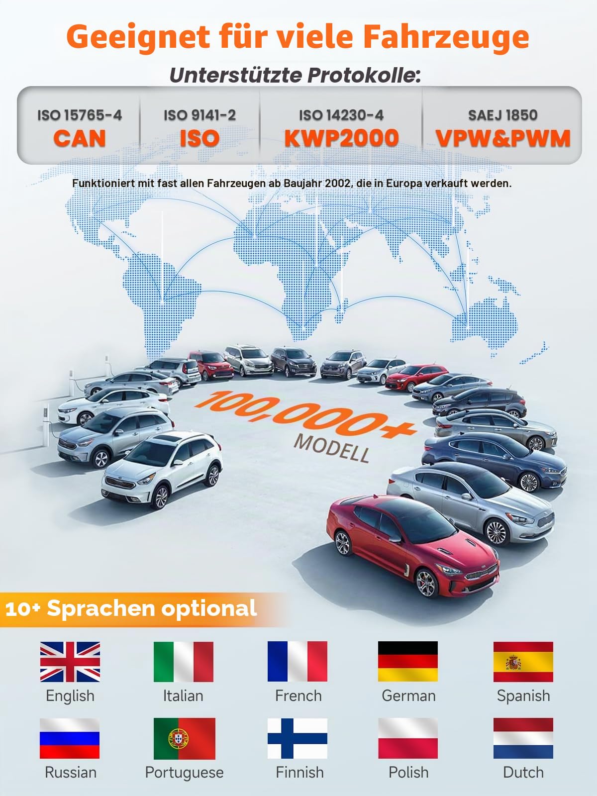 ANCEL AD410 Enhanced Auto OBD2 Diagnosegerät, OBDII/EOBD Diagnose Fehlerspeicher Auslesen, 8 Sprachen DTC KFZ Diagnosegerät für nach 2002 Alle Fahrzeuge (Schwarz/Gelb)