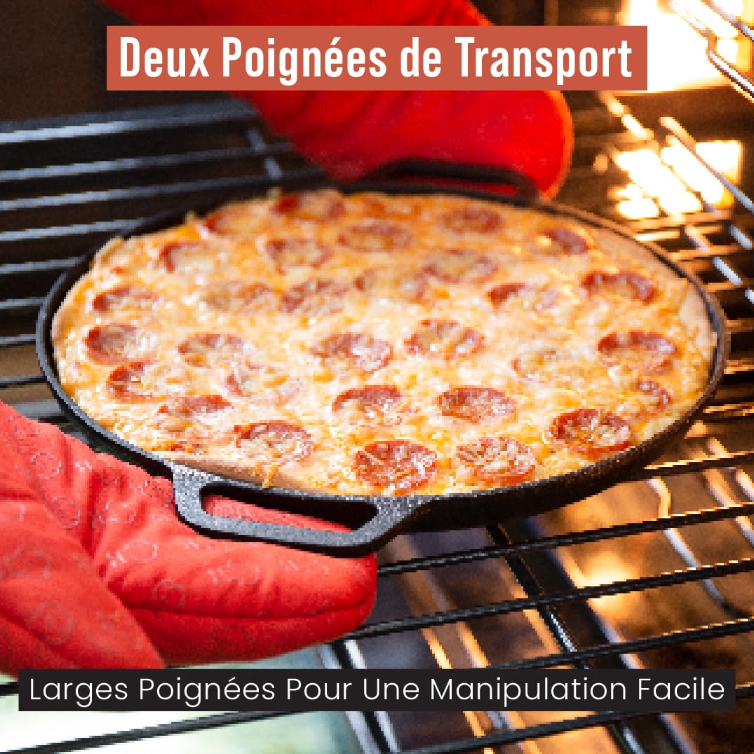 Chef Pomodoro - Plaque Pizza Four avec Poignées - Poêle En Fonte Antiadhésif pour Cuisinière, Four, Bbq, Feu de camp - Assiette a Pizza et Plaque de Cuisson pour Préparer, Griller, 30 cm