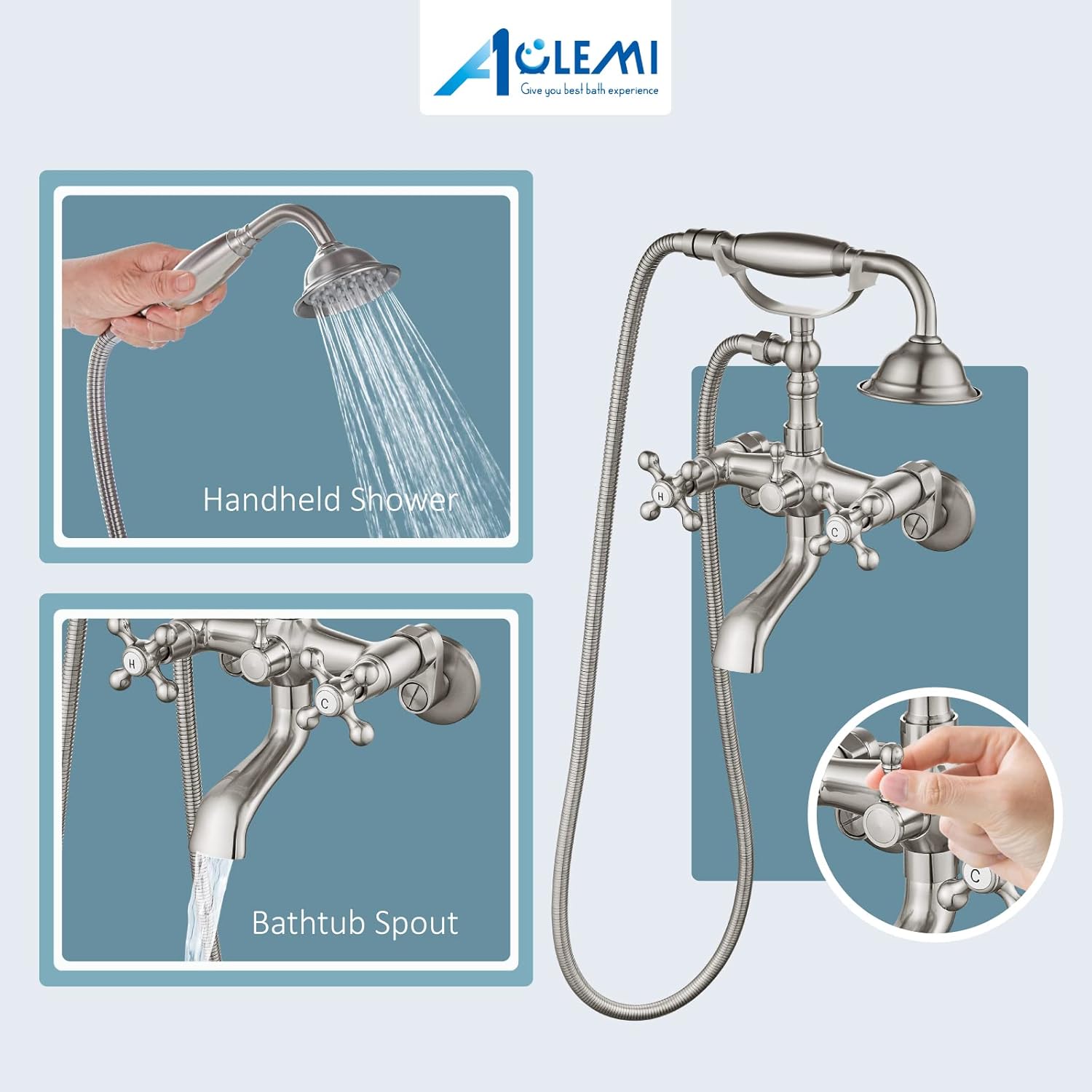 Aolemi Brushed Nickel Clawfoot Tub Faucet Wall Mount Bathroom Tub Filler Bathtub Shower Set Double Cross Handle with Handheld Sprayer