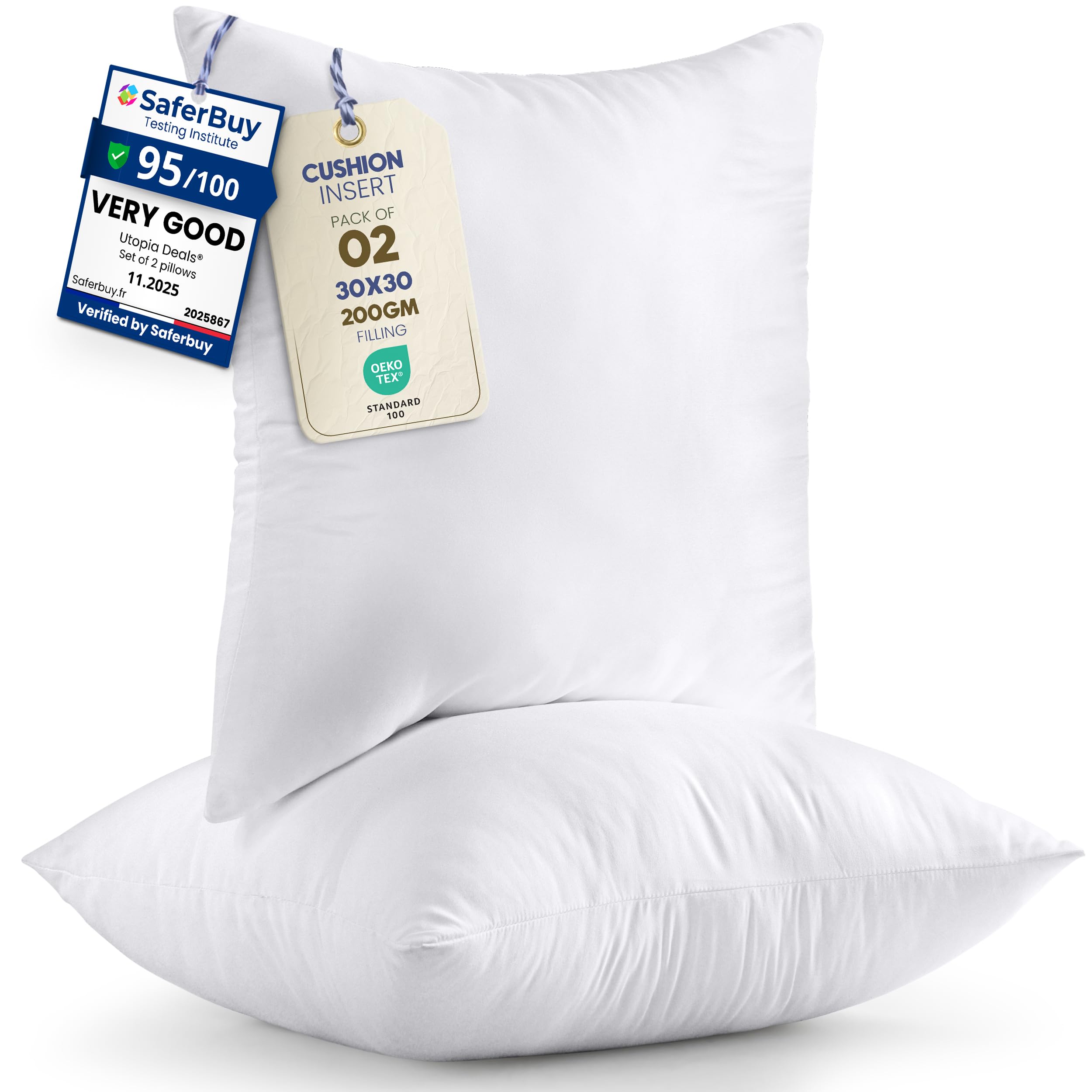 Utopia Bedding Cushion Inserts 30cm x 30cm (12x12 inch) Pack of 2 Hollowfibre Inner Pads for Sofa or Bed – White Cushions Fillers