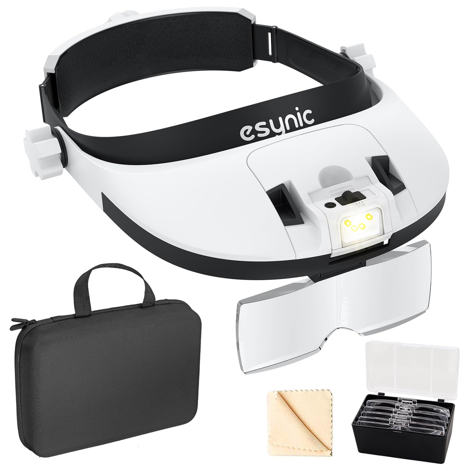 eSynic Headband Magnifier with 8 LED Light 1X-6X Rechargeable Head Magnifying Glass Headmount Magnifying Light with Storage Case| 5 Lenses| Adjutable Warm&Cold Head Lamp for Hobbies Reading Craft etc — image 1