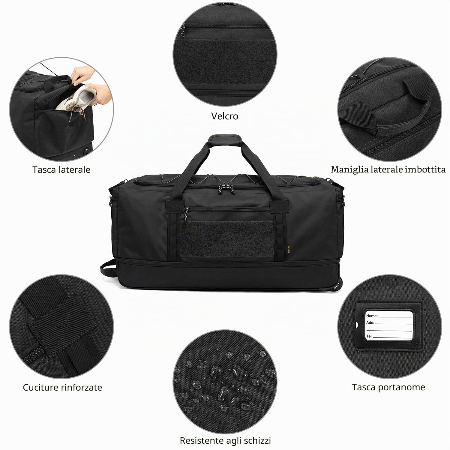 Laripwit Borsone da Viaggio con Ruote XXL 130-170L Espandibile Borsa Sportiva Pieghevole Grande Weekender per Viaggi, Campeggio, Nero