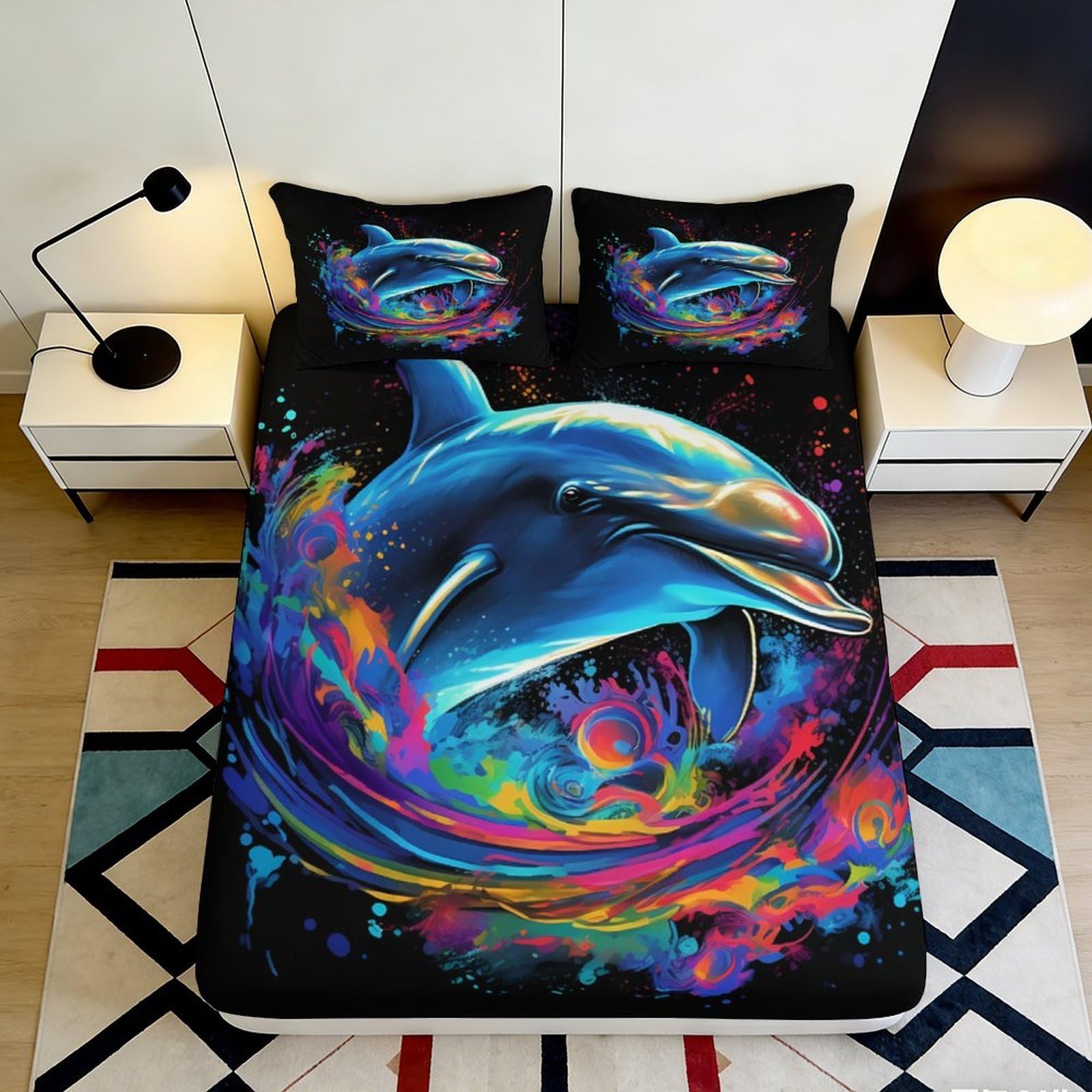 Uxinyoume Style-7 3D Printed Blue Dolphin Fitted Sheet Microfiber Soft Colorful Ocean Wave Mattress Cover For Bedroom Guest Room Dorm Decor 90X200x25cm