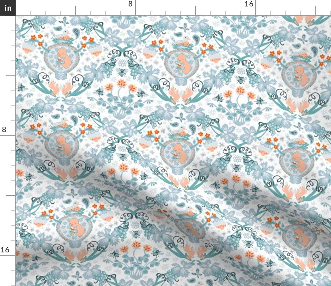 Spoonflower Fabric - Damask Orange Teal Shower Uterus Abstract Printed on Petal Signature Cotton Fabric by The Yard - Sewing Quilting Apparel Crafts Decor