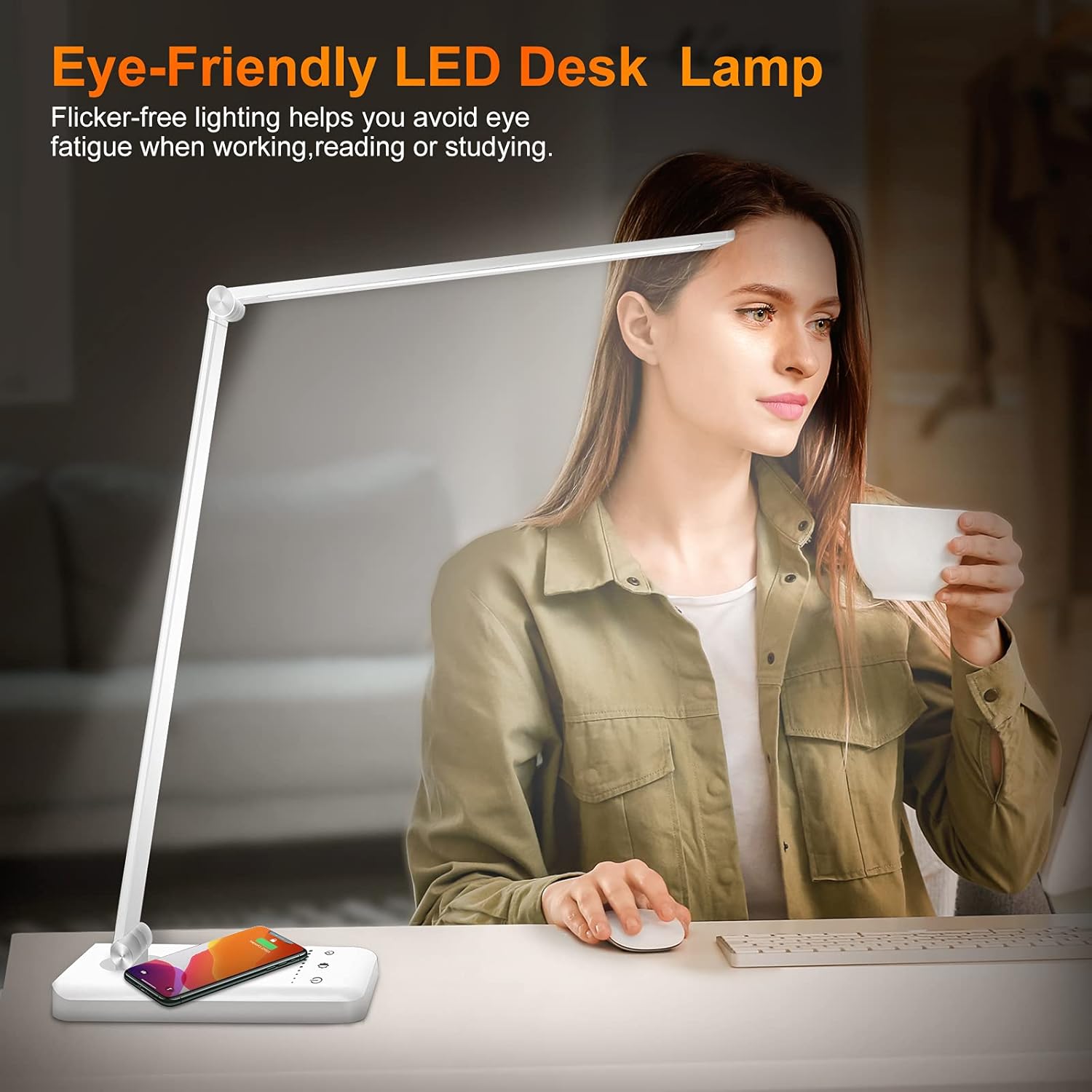 GLITIN LED Desk Lamp with Wireless Charger, USB Charging Port, Lighting 10 Brightness Level, 5 Modes, Reading Light for Home, Office , Touch Control, Auto Timer Lamps, White - - 