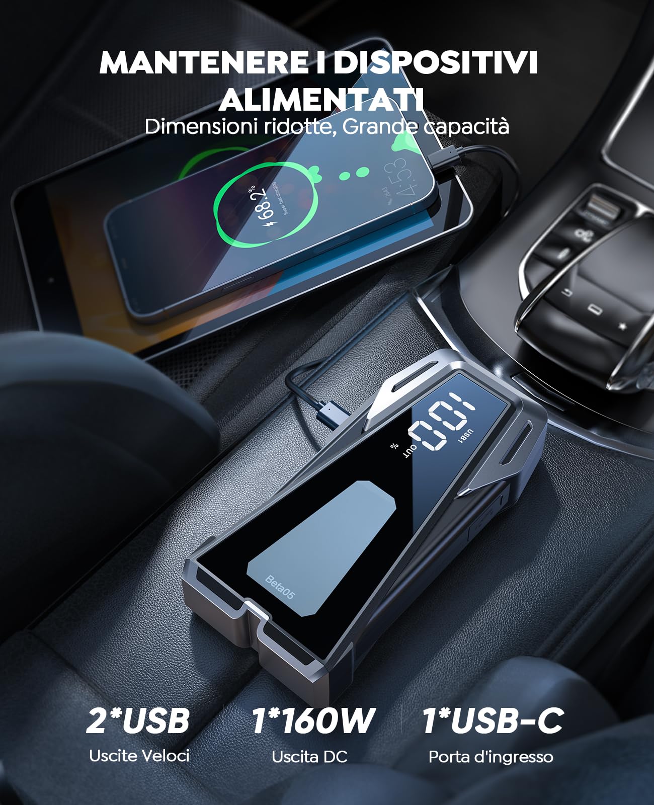Booster Avviamento Auto da 5000A, 23800mAh Avviatore Batteria Auto per Tutti i Motori a Gas o 10.0L Diesel, Avviatore Emergenza per Auto/Moto con Torcia Portatile, Ricarica USB Rapida e 160W CC