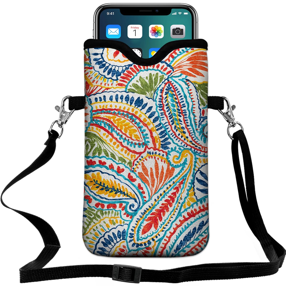 Braytow Neoprene Cell Phone Pouch 7.5 X 4.3 in Cloth Mobile Protection Case Bag with Crossbody Strap Neck Lanyard Cell Phone Case Paisley Multi