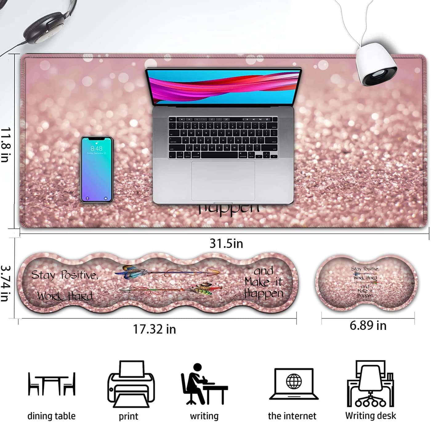 Large Gaming Mouse Pad,Extended Office Desk Mat,Waterproof Desk Writing Pad for Home Ergonomic Mouse &Keyboard Wrist Rest,Work Hard Inspirational Quotes Laptop Desk Pad Pink Mousepad Wrist Support