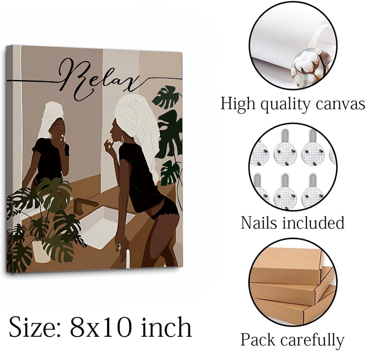 Black Woman Art Bathroom Decor African American Wall Art,Black Girl In Bathtub Canvas Wall Art Picture Modern Botanical Leaf Wall Decor,Black Woman Framed Artwork Boho Home Decor Set of 4 (8"X10")