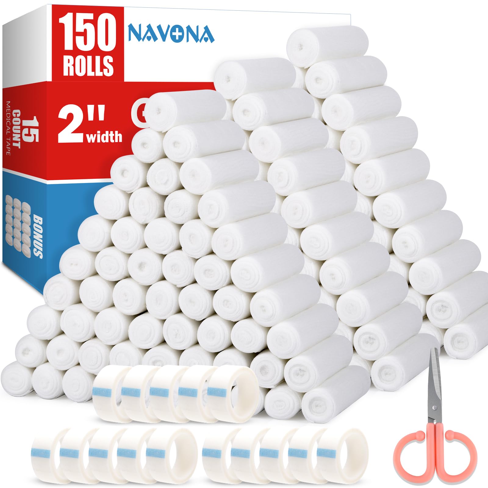150 Pack Gauze Rolls Bandages, 2 in x 4.1 Yards, Individually Wrapped Breathable Rolled Gauze, Mummy Wraps, Premium First Aid Supplies & Medical Supplies for Wounds