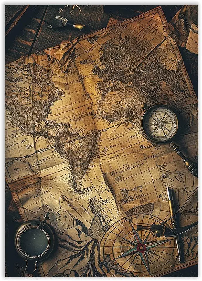 Placa Decorativa Mapa Viagem Bussola Ilustração Retro Vintage Decoração Poster Quarto Sala