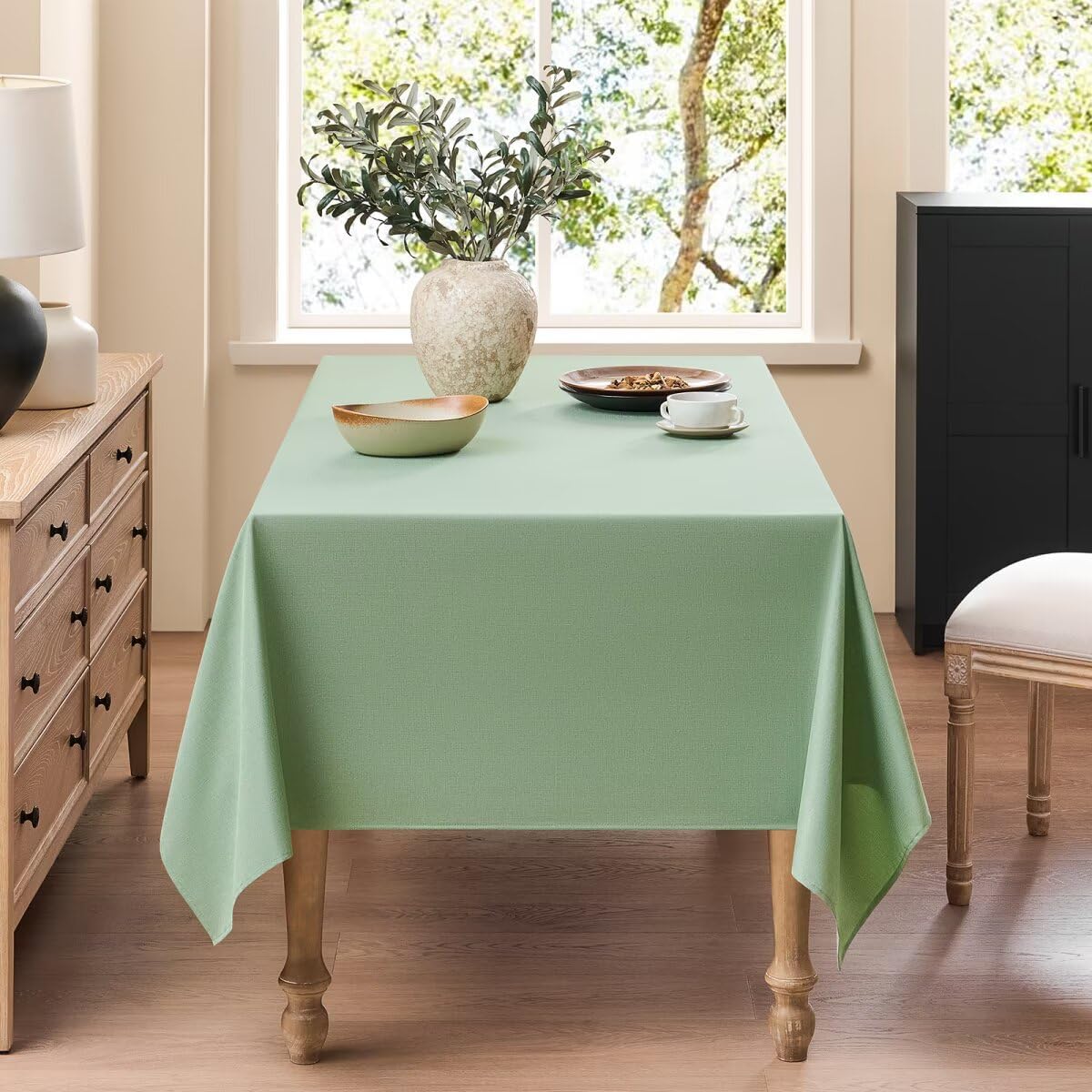 Faux Linen Tablecloths for Rectangle Tables, Burlap Textured Table Cloths Washable Farmhouse Table Cover Water Resistant for Dining, Wedding, Outdoor(Sage Green, 60"×120")
