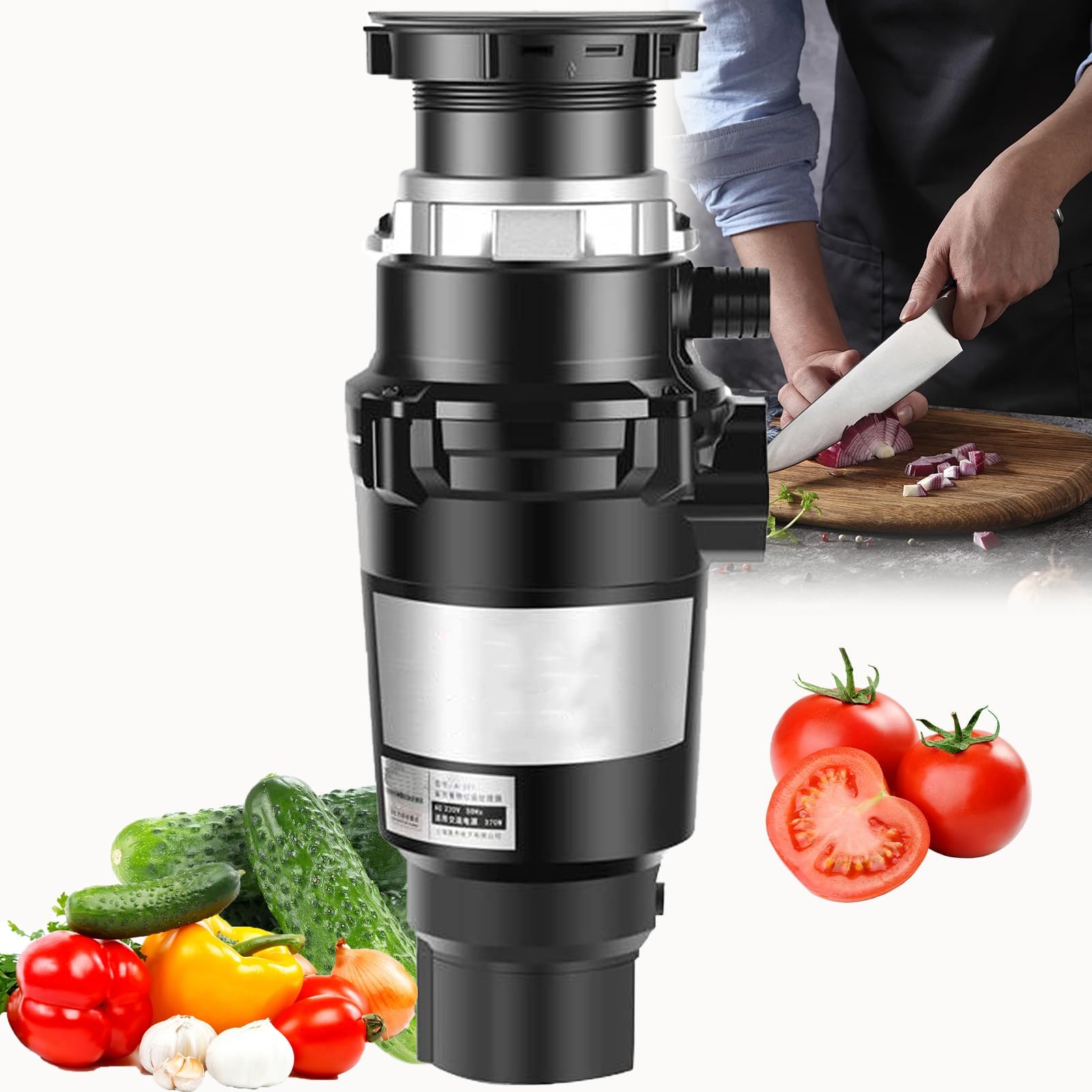 Triturador de residuos de alimentos de 370 W, sistema de eliminación de basura de cocina con interruptor de aire y protección contra sobrecarga para una molienda eficiente de residuos en el fregadero