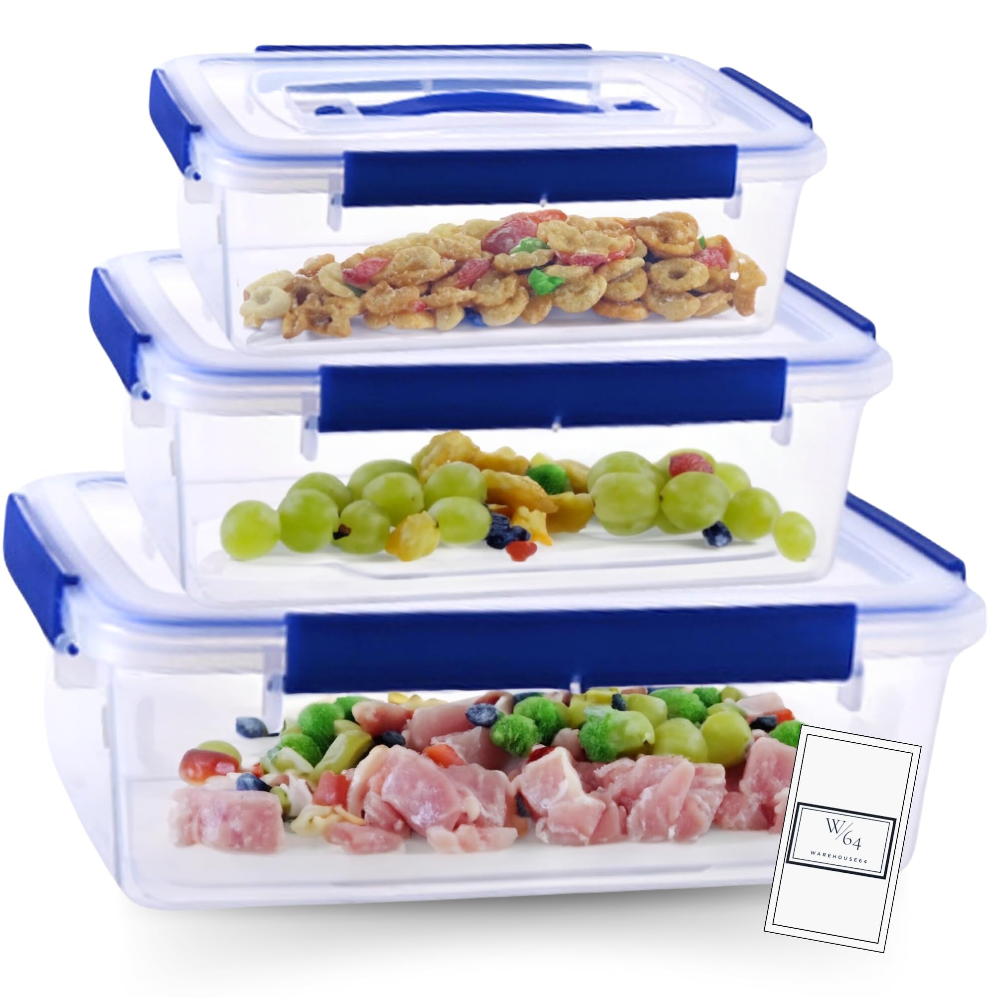 W/64 Transparent Food Storage Containers 3 Piece Set Leak-Proof, 4 Strong Locks, Airtight, BPA Free, Microwave Freezer Dishwasher Safe, Food Storage Box, Kitchen Organizer Boxes (1.5L,3L,5.5L)