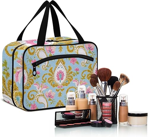 Miniatura 6 de Retro Fashion Flower Paisley Gold Blue Bolsas de cosméticos de viaje colgantes con gancho, bolsa de artículos de tocador plegable de diseñador para