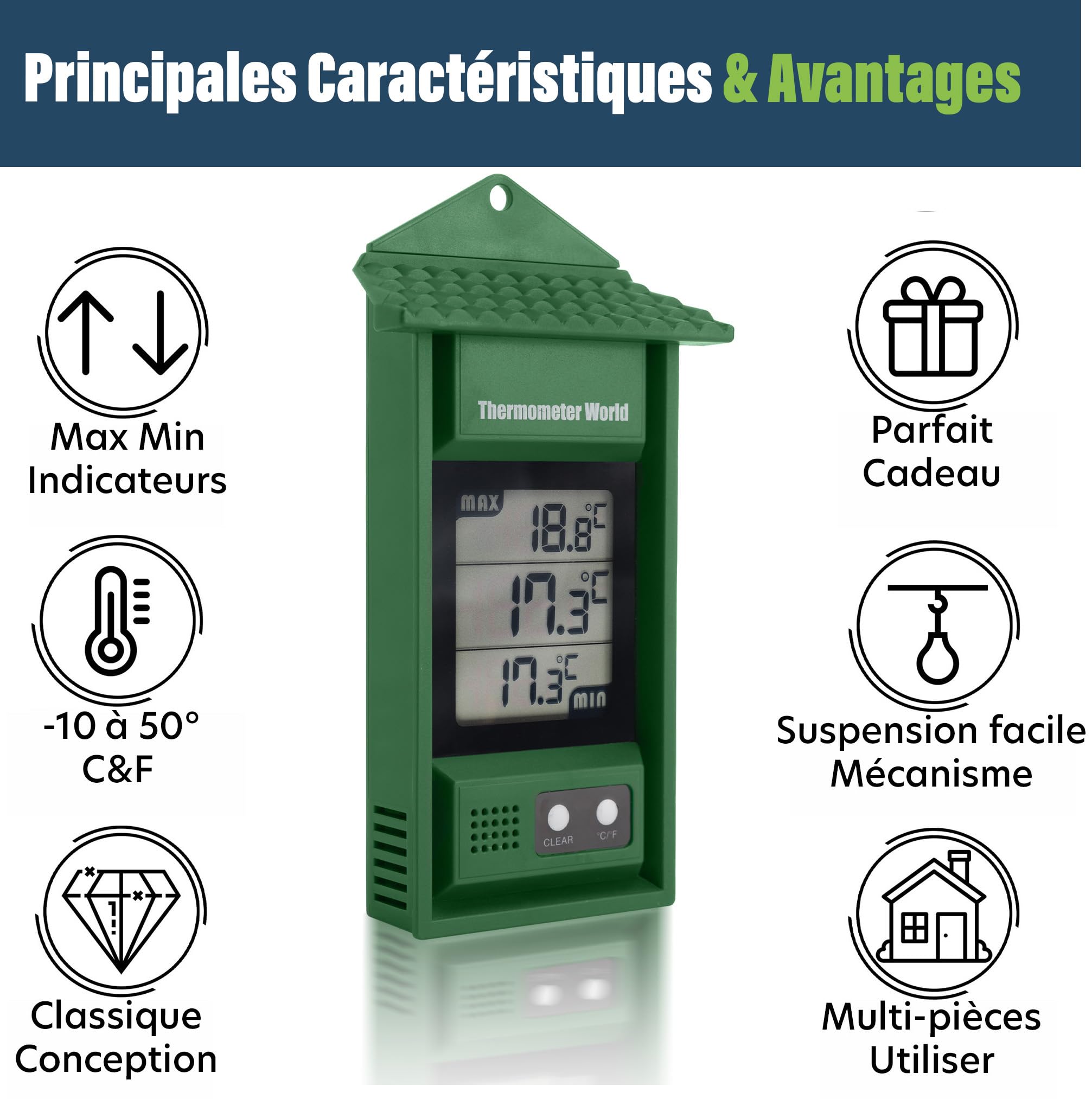 Thermomètre numérique min/max intérieur extérieur pour serre mural