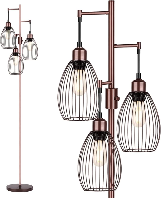 Dimmable Floor Lamp, 3 x 800LM LED Edison Bulbs Included, Farmhouse Industrial Floor Lamp Standing Tree Lamp with Elegant Teardrop Cage Head Tall Lamp for Living Room Bedroom Office Dining Room - Gold