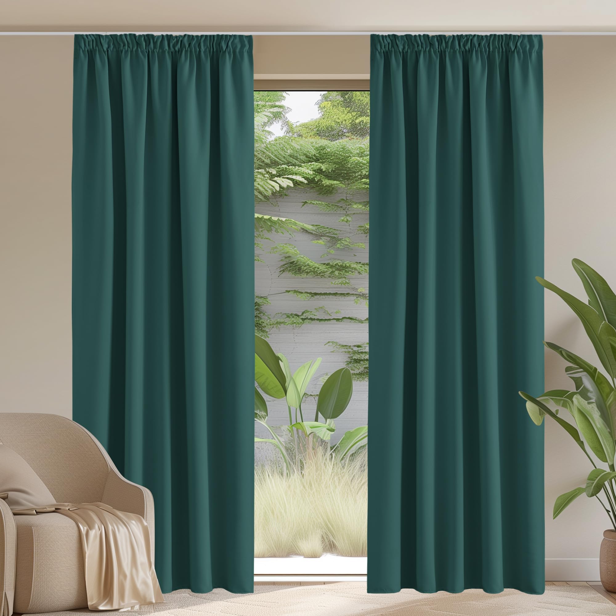 PONY DANCE Blackout Pencil Pleat Curtains, Dark Green, W90 x L90, 2 Panels