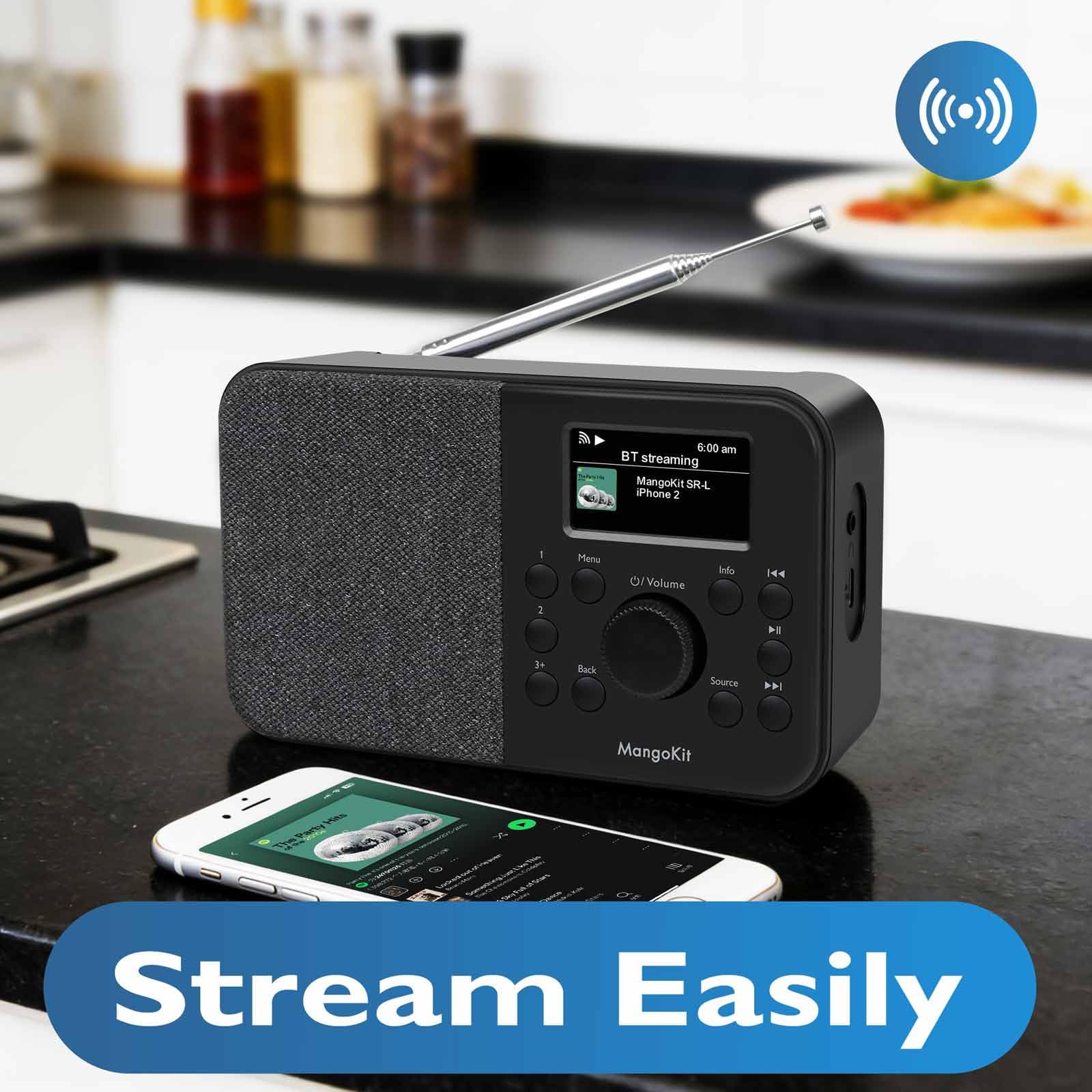 Radio DAB+ portatile con Bluetooth 5.3, WiFi, FM, 150 preset, sveglia, display a colori