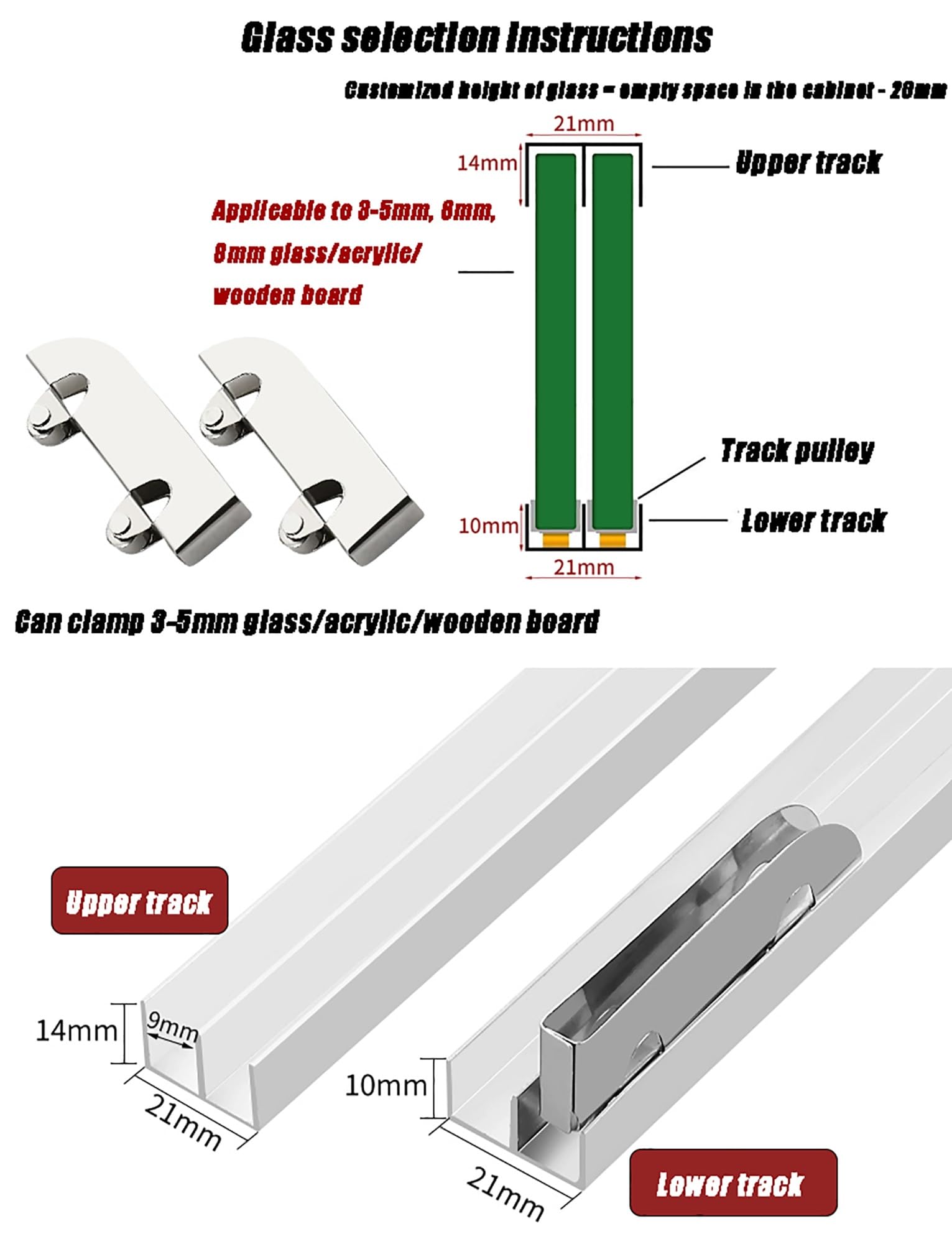 Generico Binario Scorrevole for vetrina - Binari in Alluminio a Doppio Canale for Ante in Acrilico/Vetro da 5-8 mm, Guida a scanalatura Mountain con rulli Anti-Salto(51.2in/130cm)