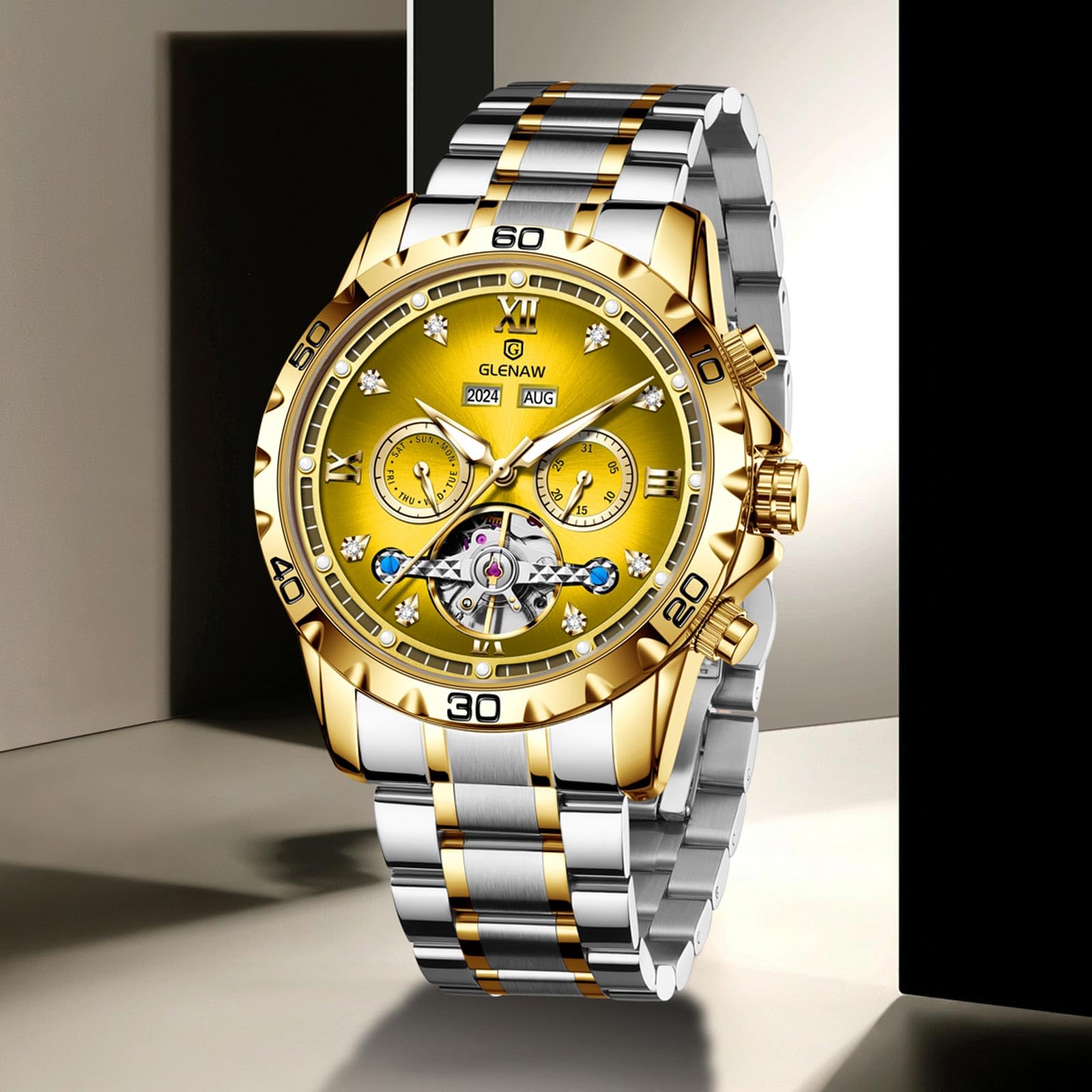 GLENAW Reloj automático para hombre, esqueleto con números romanos, esfera de diamante, acero inoxidable, impermeable, para el día, fecha, negocios, casual