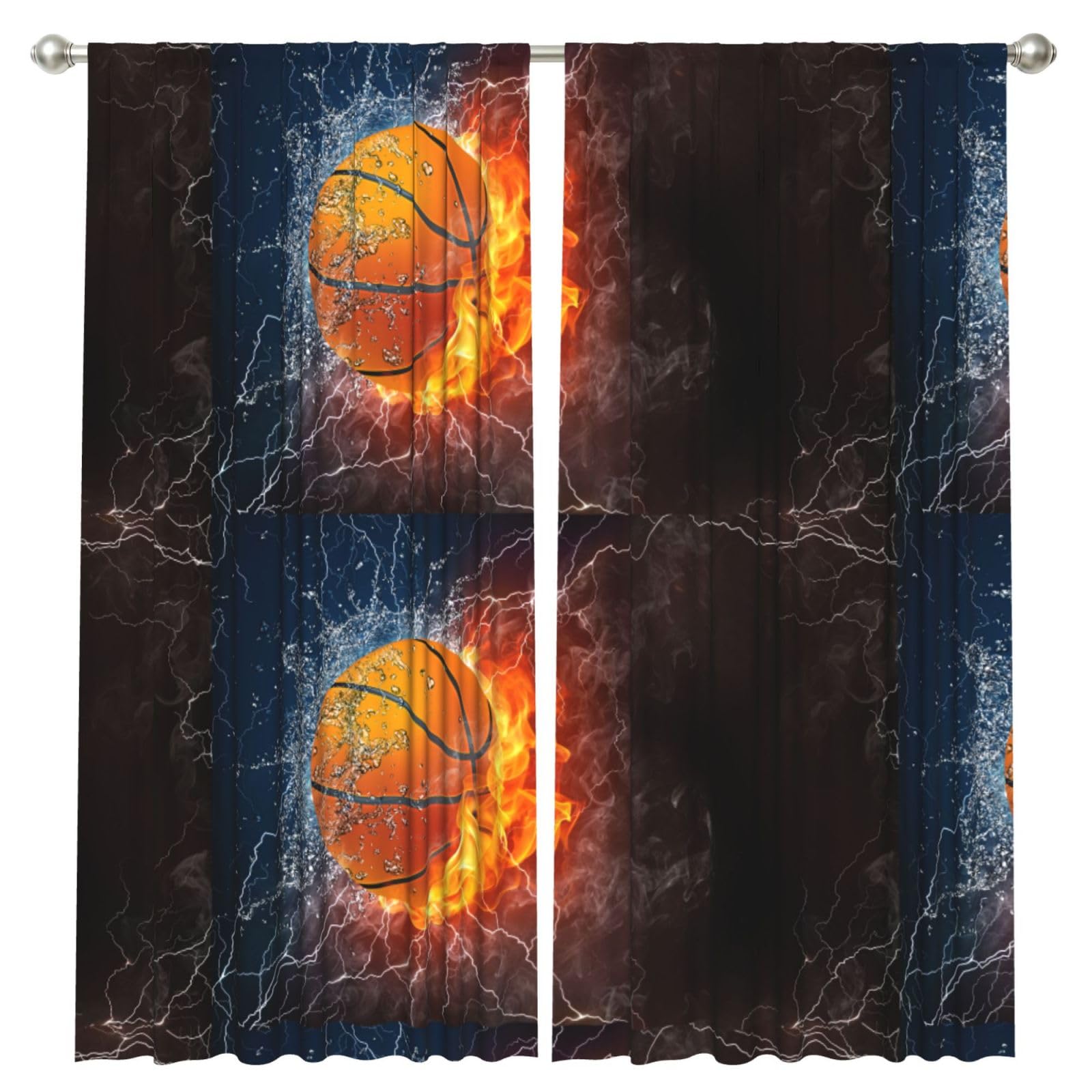InOmak Basketball Ball On Fire And Water, 2 Panels Window Curtains 52 x 84 Inch Blackout Curtains for Living Room Bedroom