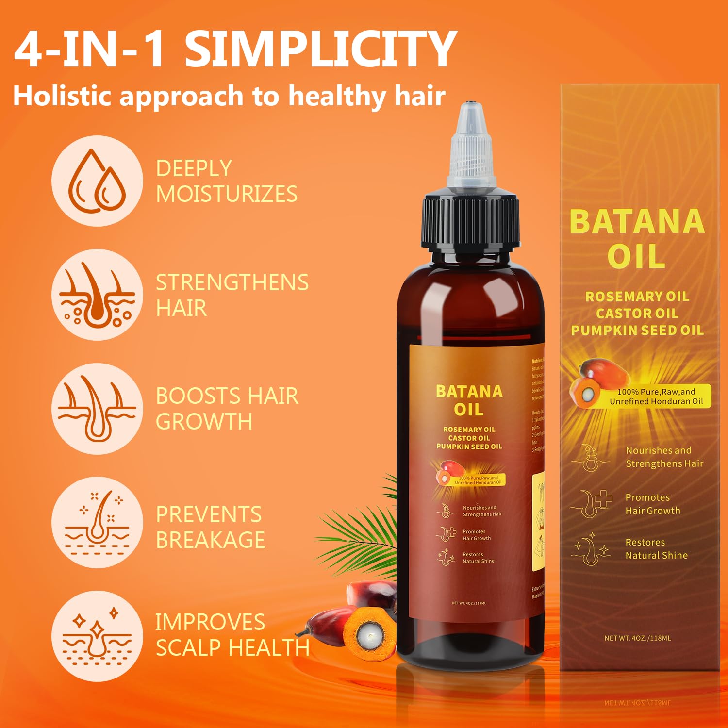 Natural Batana Hair Revival Formul, 4-in-1 Liquid Batana Oil, Batana Oil for Hair, Rosemary Oil for Hair, for Men and Women, Prevents Dry Hair & Hair Loss for All Hair Types (1PCS)
