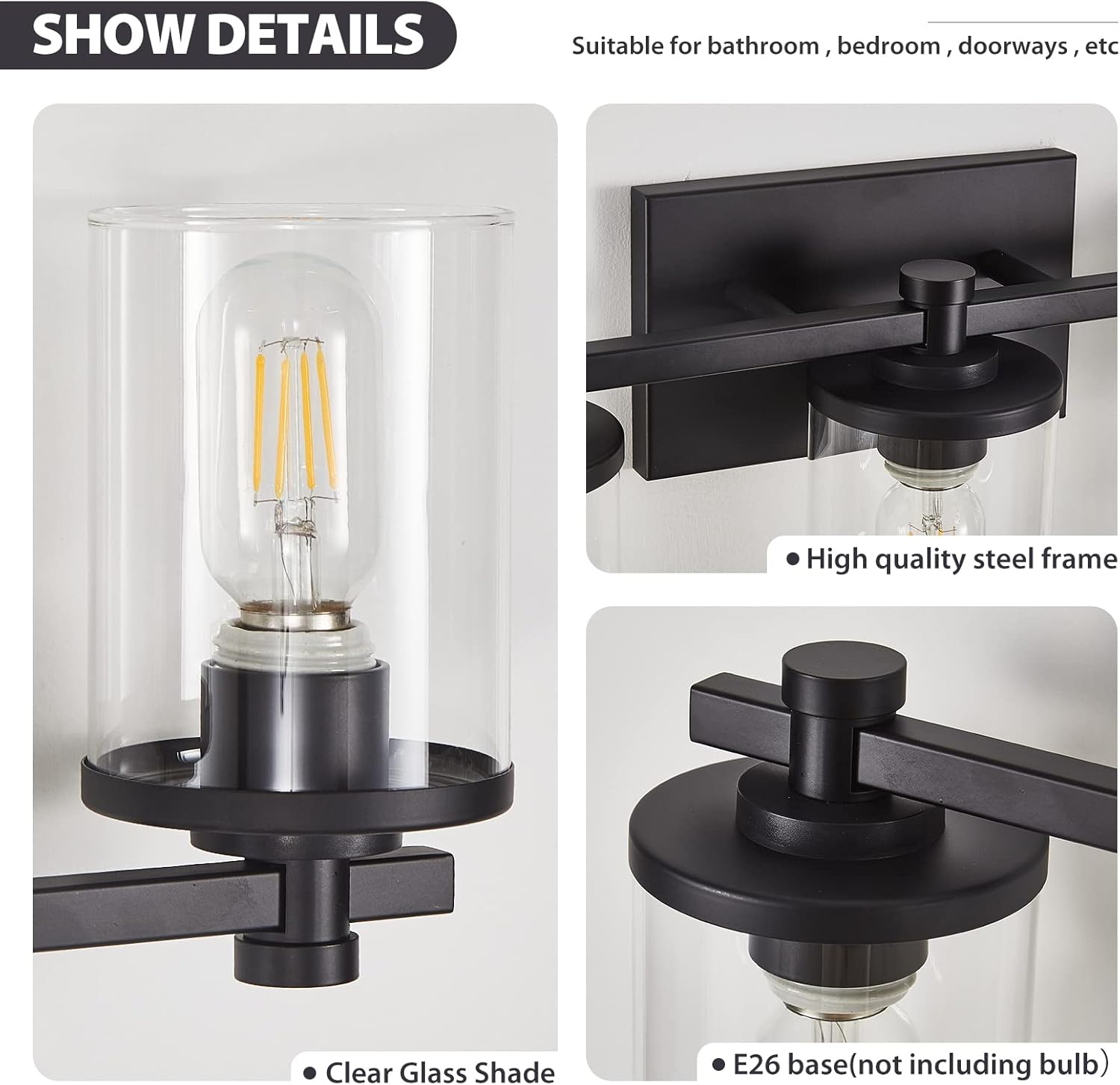 Matte Black 5-Light Bathroom Vanity Fixture with Glass Shades