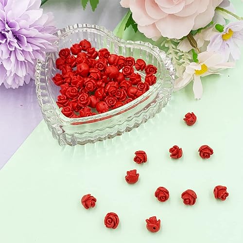 Miniatura 2 de Cuentas de rosas talladas de cinabrio, 100 cuentas de cinabrio de color rojo de 516 pulgadas (0.315 in), cuentas sueltas para hacer joyas, collares,