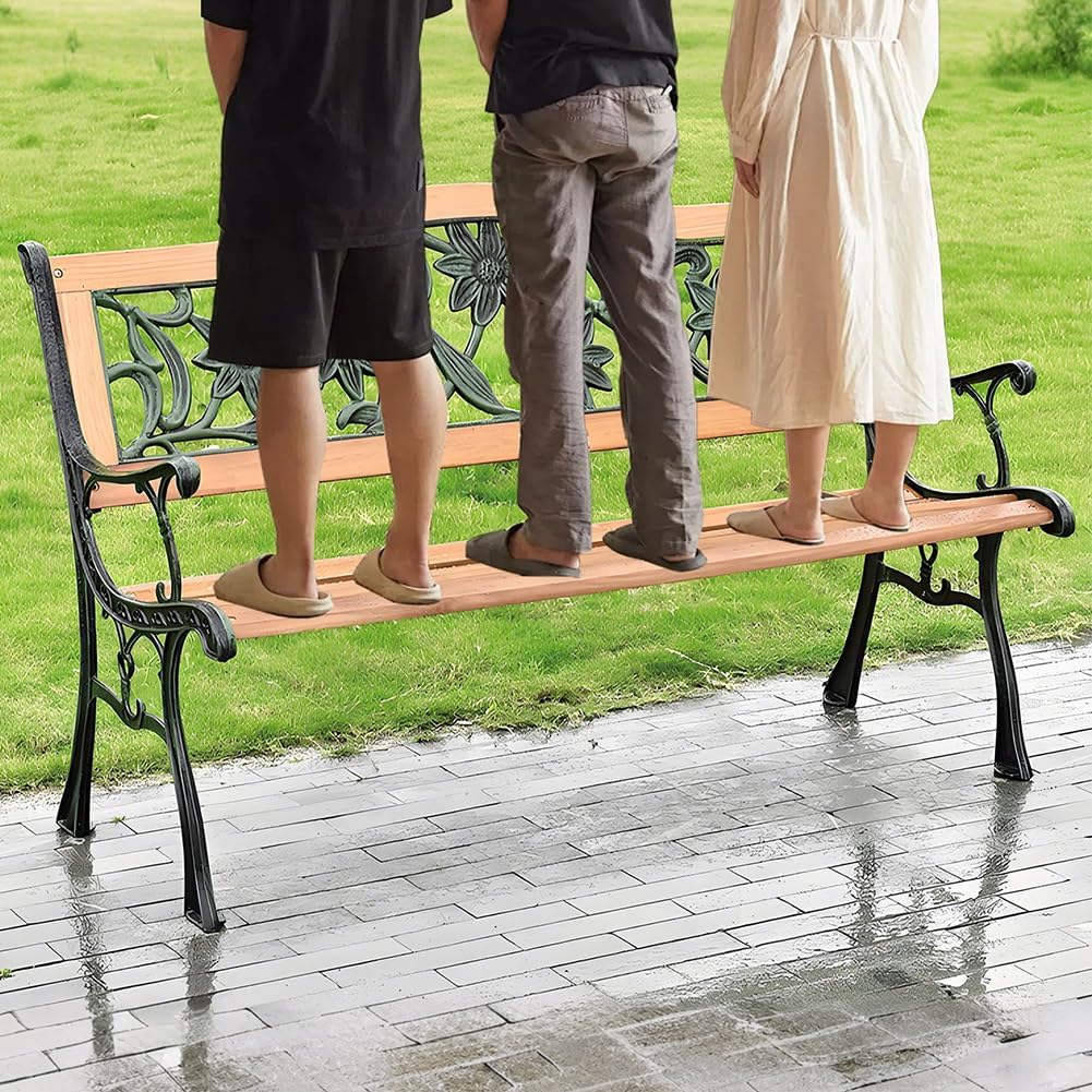 Garden Bench with Backrest & Armrests, 49.6x17.7x31.1in Outdoor Benches 2-Person Park Seat Weatherproof Patio Benches Wooden Slatted Seat for Lawn Yard Porch Work Entryway(Natural Tulip)
