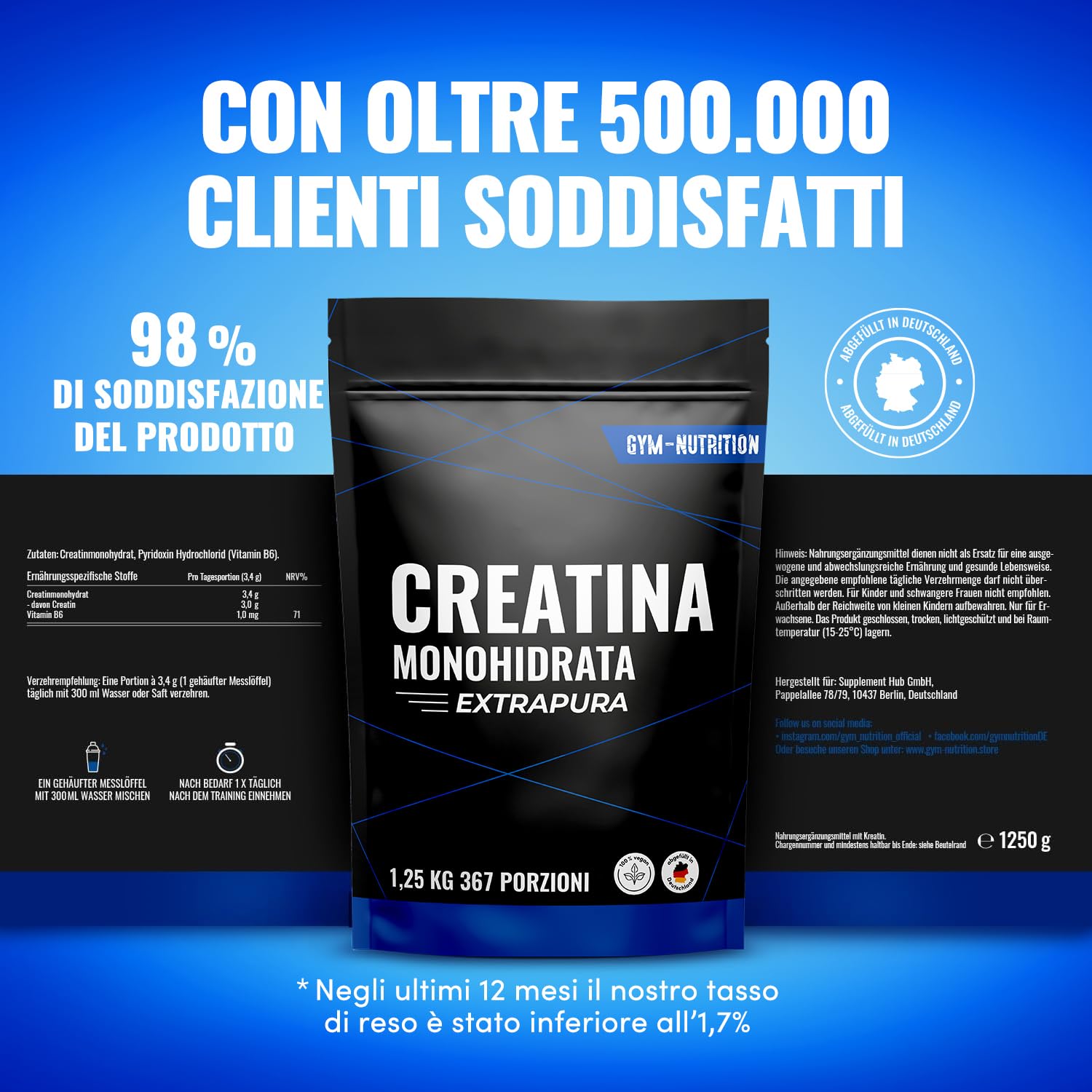 Creatina Monoidrata Polvere Extrapura - 1,25 kg (367 Porzioni) con Vitamina B6 - Vegan e Prodotta in Germania - Creatine Monohydrate Powder