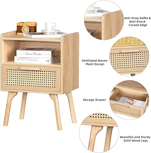 Miniatura 6 de Lerliuo Juego de 2 mesitas de noche de ratán, mesa auxiliar bohemia con cajón abierto, mesa auxiliar de mesita de noche con patas de madera maciza