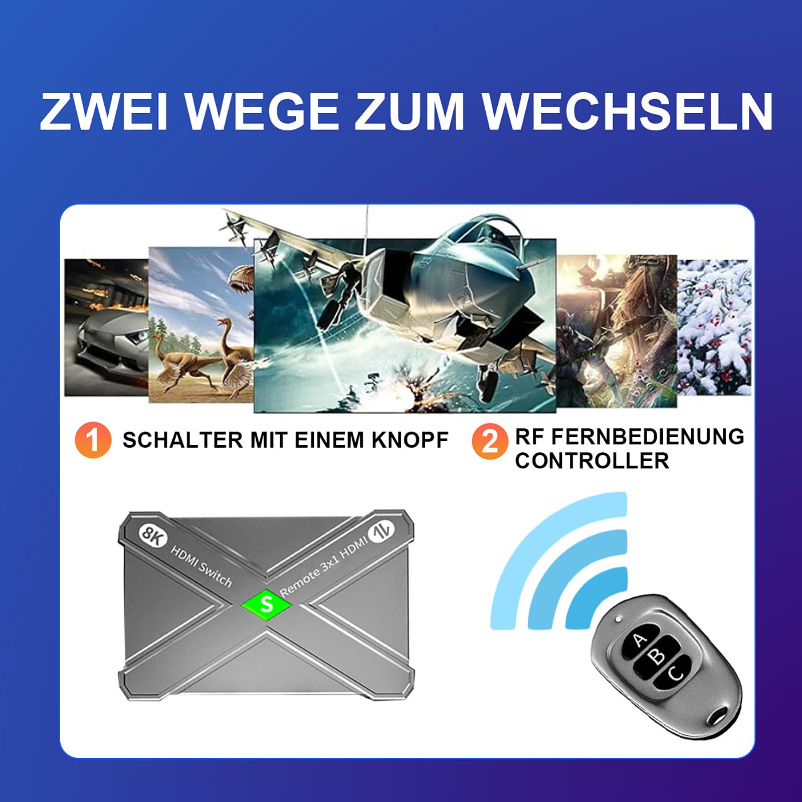 8K HDMI 2.1 Switch Bidirektional, 4K@120Hz 48Gbps | 8K@60Hz, HDCP 2.2, HDR, Dolby Atmos, Ein-Tasten-Umschaltung, 3-in-1 Out & 1-in-3 Out, PS5 Xbox kompatibel
