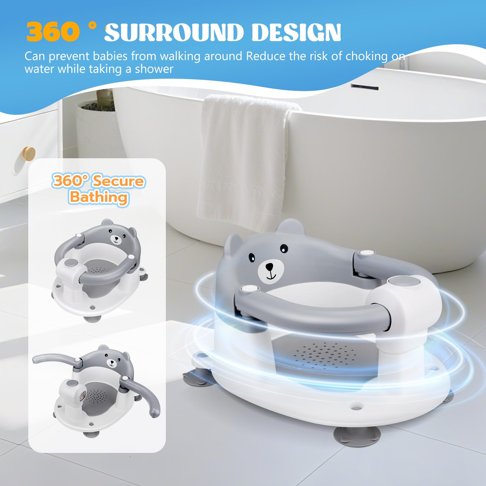 baby-badewannensitz Babybadsitz, stabiler Babybadsitz mit 4 Saugtaschen, tragbarer Badestuhl für Dusche oder Badewanne, ergonomischer Babybadsitz geeignet von 6 bis 24 Monaten