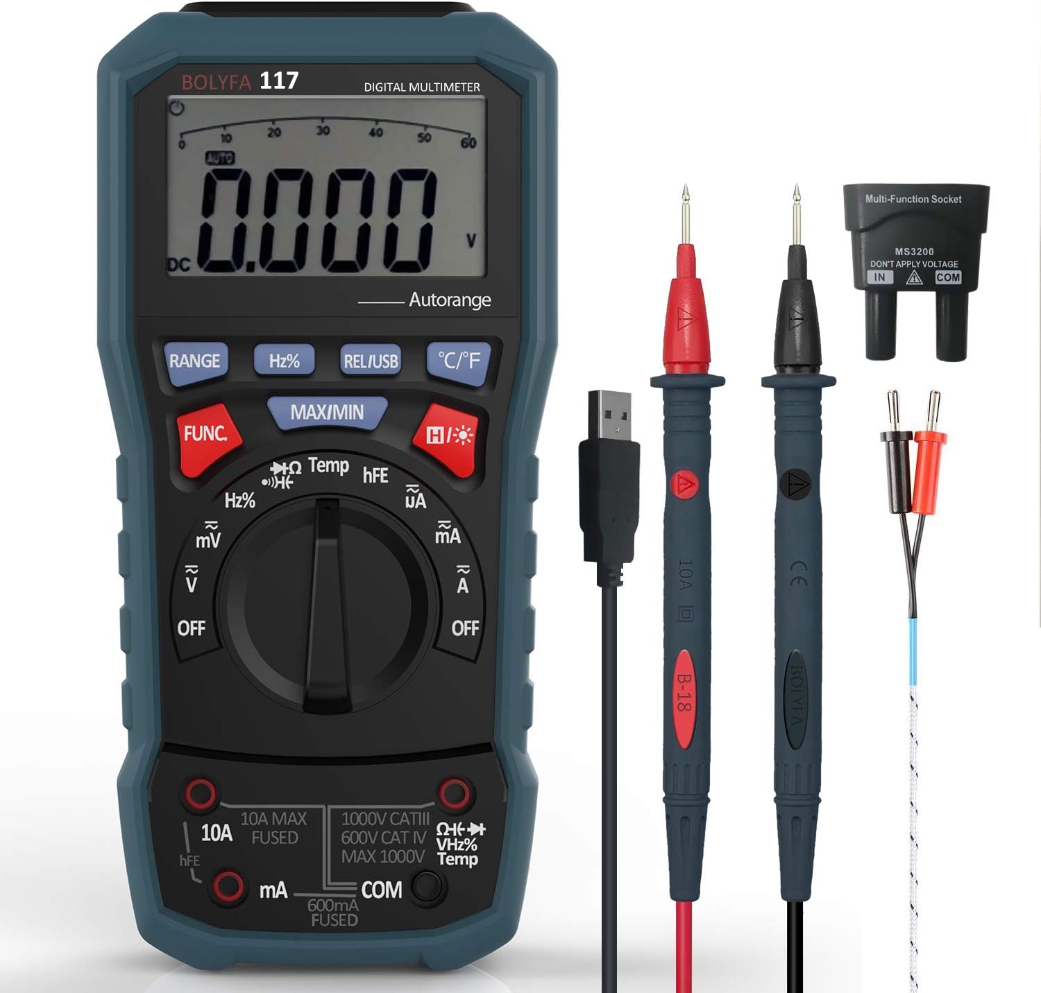 Digital Multimeter, BOLYFA Advanced TRMS Auto Ranging Multimeter USB;Ammeter;Voltmeter;Ohmmeter;Current/Resistance/Capacitance/Frequency/Diodes/Transistors/Temperature/Continuity/LCD Backlight