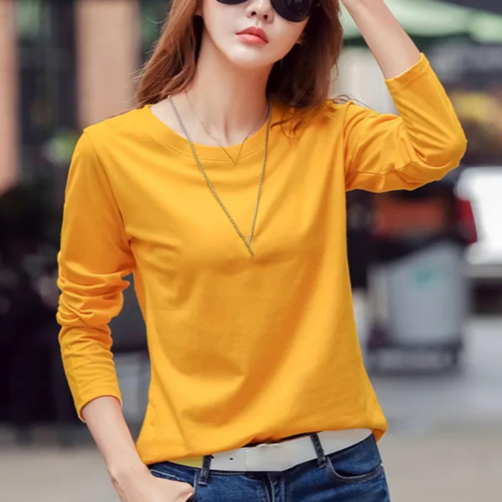 Manica lunga Donna Girocollo Top Bottoming Camicia Plus Size Large Size T-Shirt Cotone Tinta unita Abbigliamento Donna