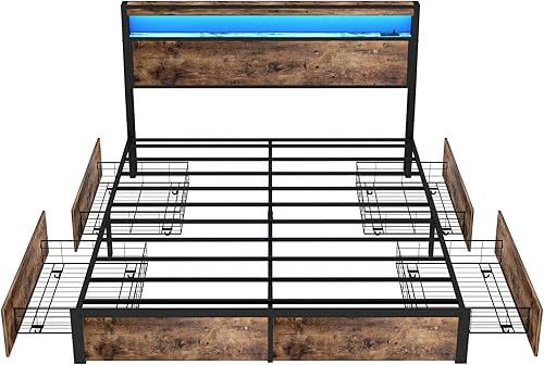 Miniatura 9 de SADENICEL Base de cama de tamaño matrimonial con almacenamiento, plataforma de cama de madera LED con cabecero, 4 cajones, estación de carga, no