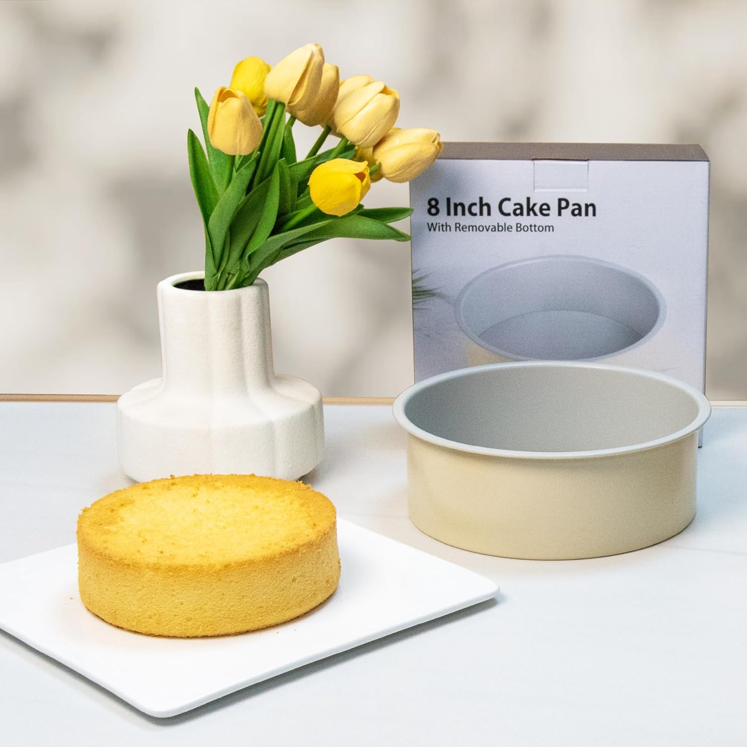 Guowall 8 inch Cake Pan Removable Bottom Carbon Steel with Nonstick Coating Chiffon Cake Tin Round Shaped Cheese Cake Mould for Baking - Cream Color - Image 2