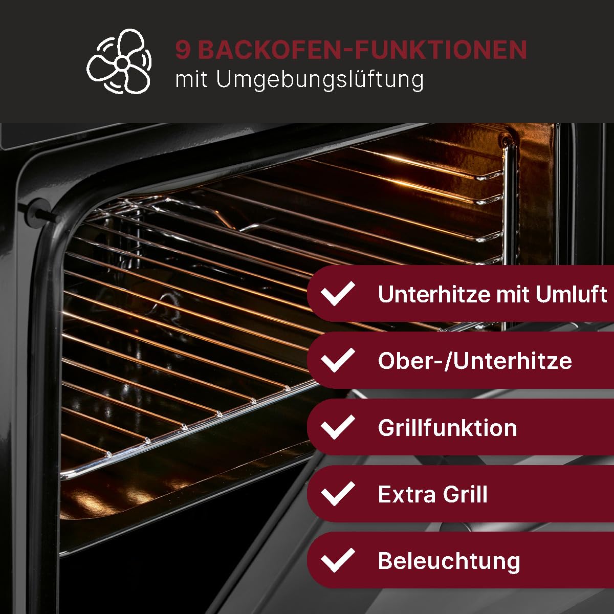 Bomann Einbaubackofen mit Grill, Heißluft & Ober-/Unterhitze | Backofen 56L | Ofen mit 50°C - 250°C Bereich & Touch Control | Oven mit 9 Backofen-Funktionen & aushängbarer Tür | EBO 7911 schwarz