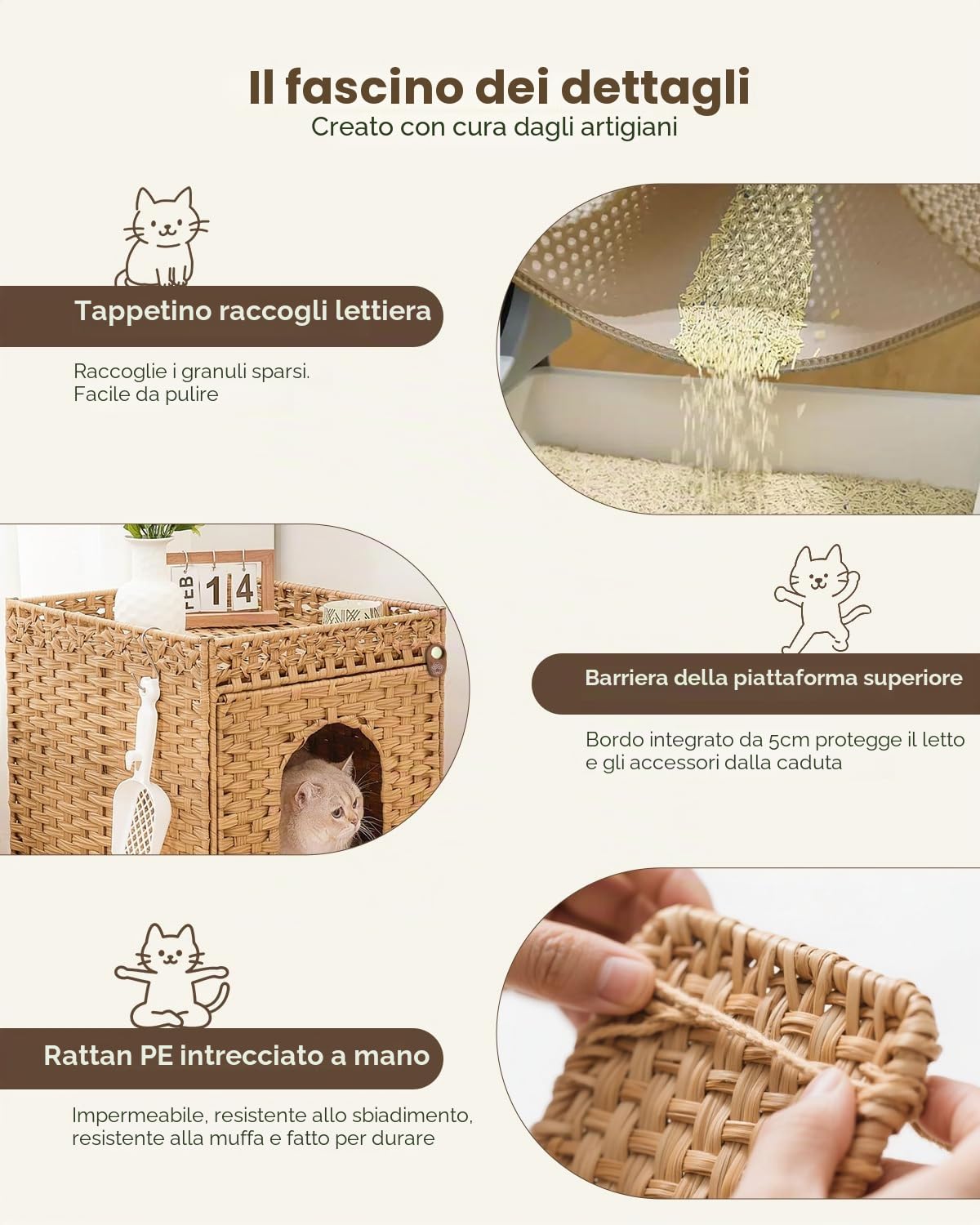 Grande lettiera per gatti da interno, moderna cuccia per gatti in rattan intrecciata a mano, con tappetino e ganci a S, tavolino chiuso per riporre oggetti, 47 x 52 x 48,5 cm, naturale