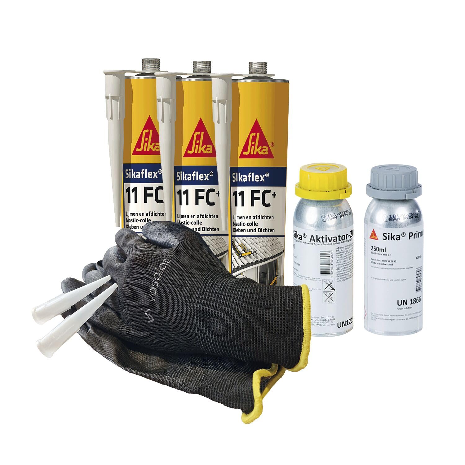 Sikaflex 11 FC betongrau 3x 300ml mit Primer 210, Aktivator 205 und 5x Düsenspitzen - ideal für die Abdichtung von Aluminium und Stahl