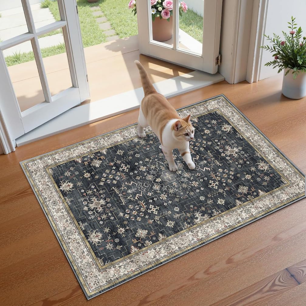 Tappeto Passatoia Antiscivolo 4.5 Metri, Tappeto da cucina lavabile, Tappeto Corridoio Interno Lungo per Ingresso Cucina Camera da Letto Casa，120 x 450 cm,Grigio，Motivo Floreale Boho